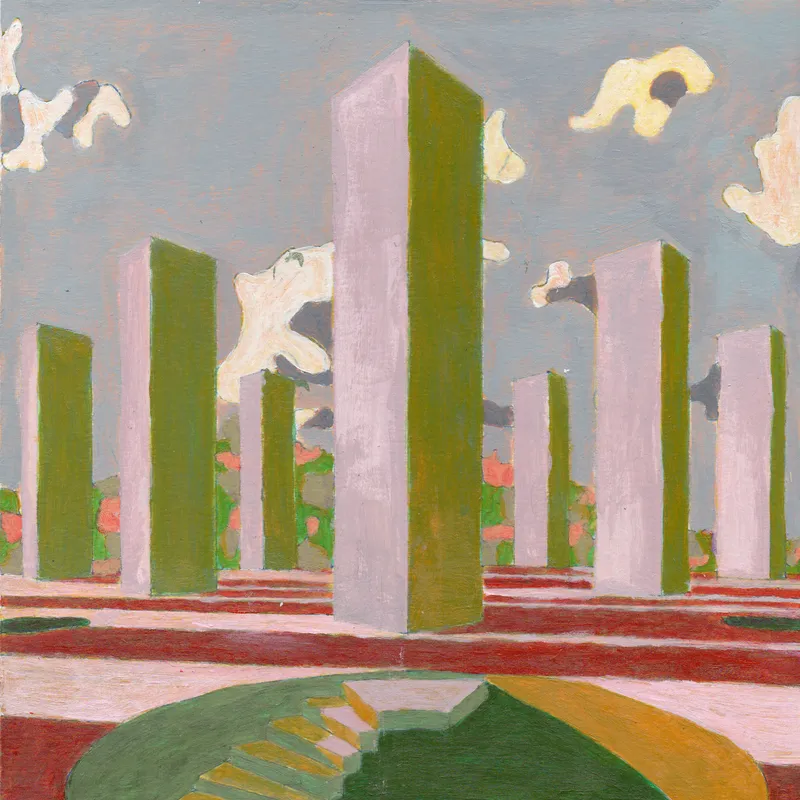 Painted rendering showing alternating green and pink vertical columns arranged across a red paved plaza under cloudy skies