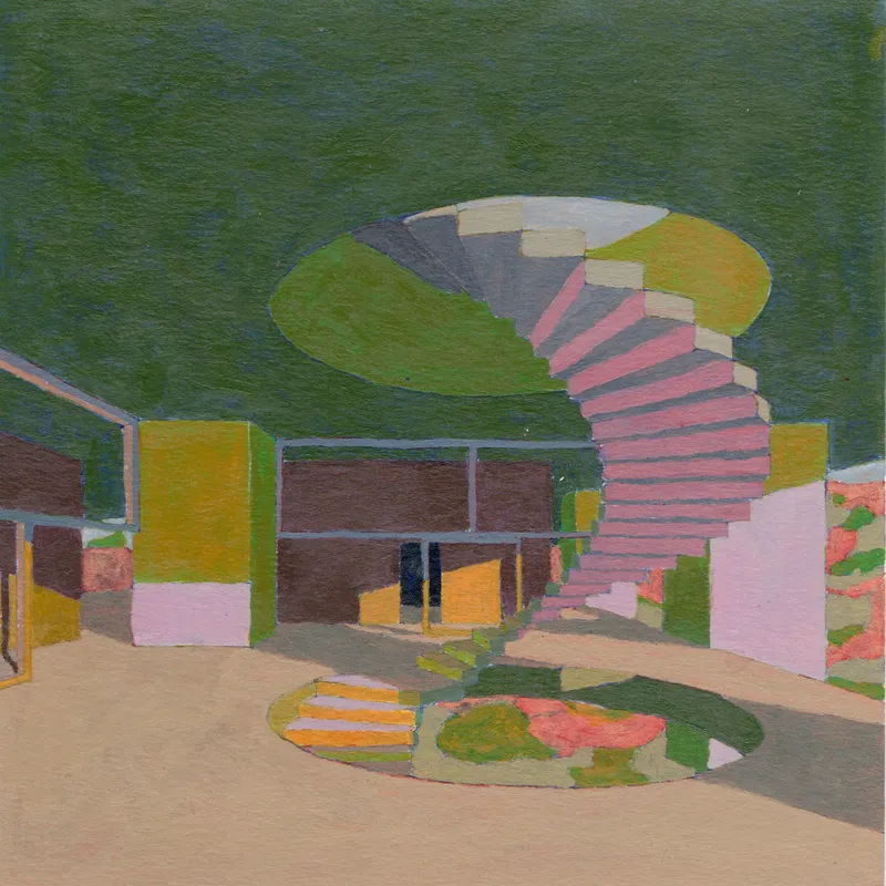 Painted rendering of a curving red staircase beneath a green dome with glazed openings and planted beds below