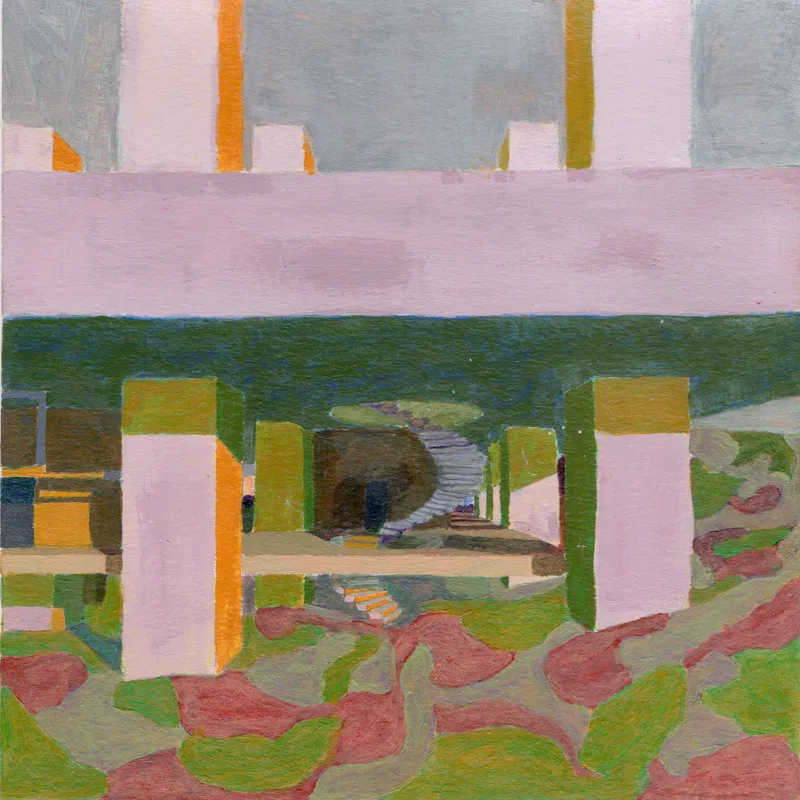 Painted rendering showing a view through pink and orange columns toward a central staircase and planted landscape beyond