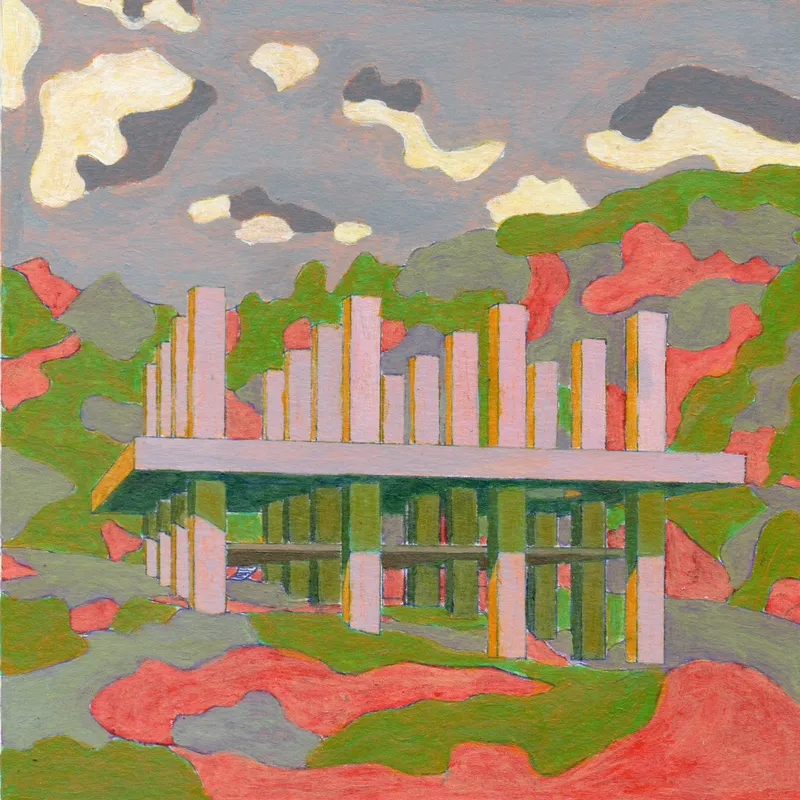 Painted rendering of a colonnade structure with pink and orange columns reflected in still water among trees and hills