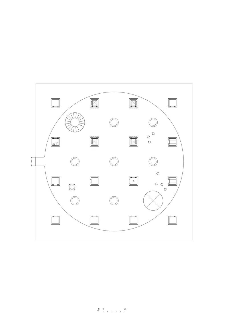 Floor plan drawing showing a circular room with perimeter columns and scattered circular openings