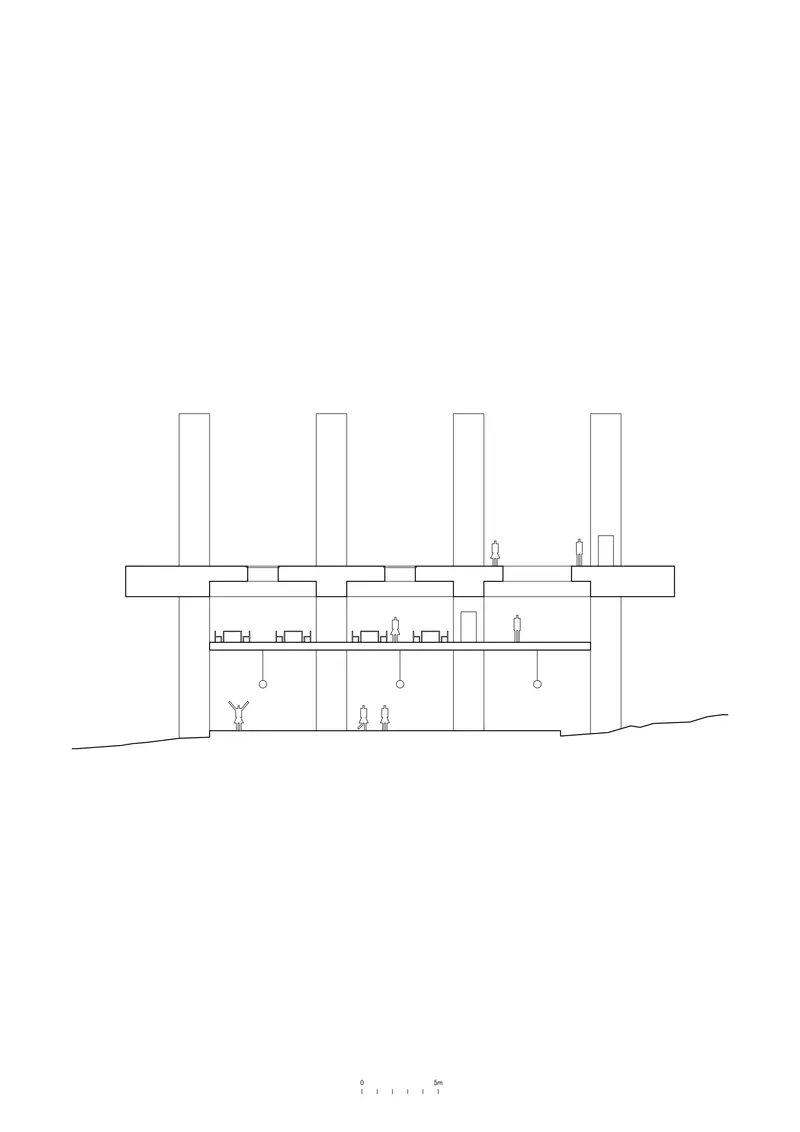 Elevation drawing showing four tall towers rising above a horizontal base with figures at ground level