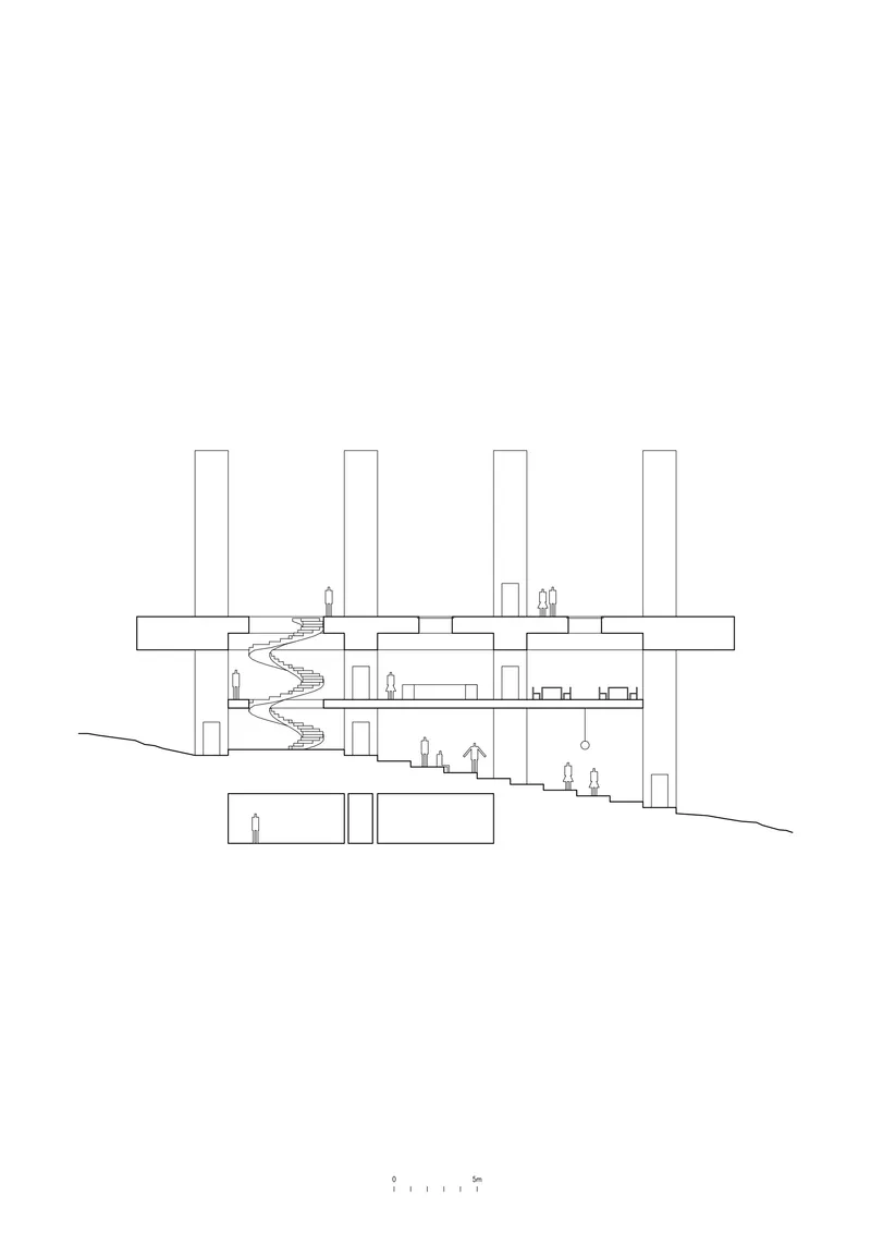 Section drawing showing a spiraling stair connecting multiple levels beneath a flat roof with vertical columns