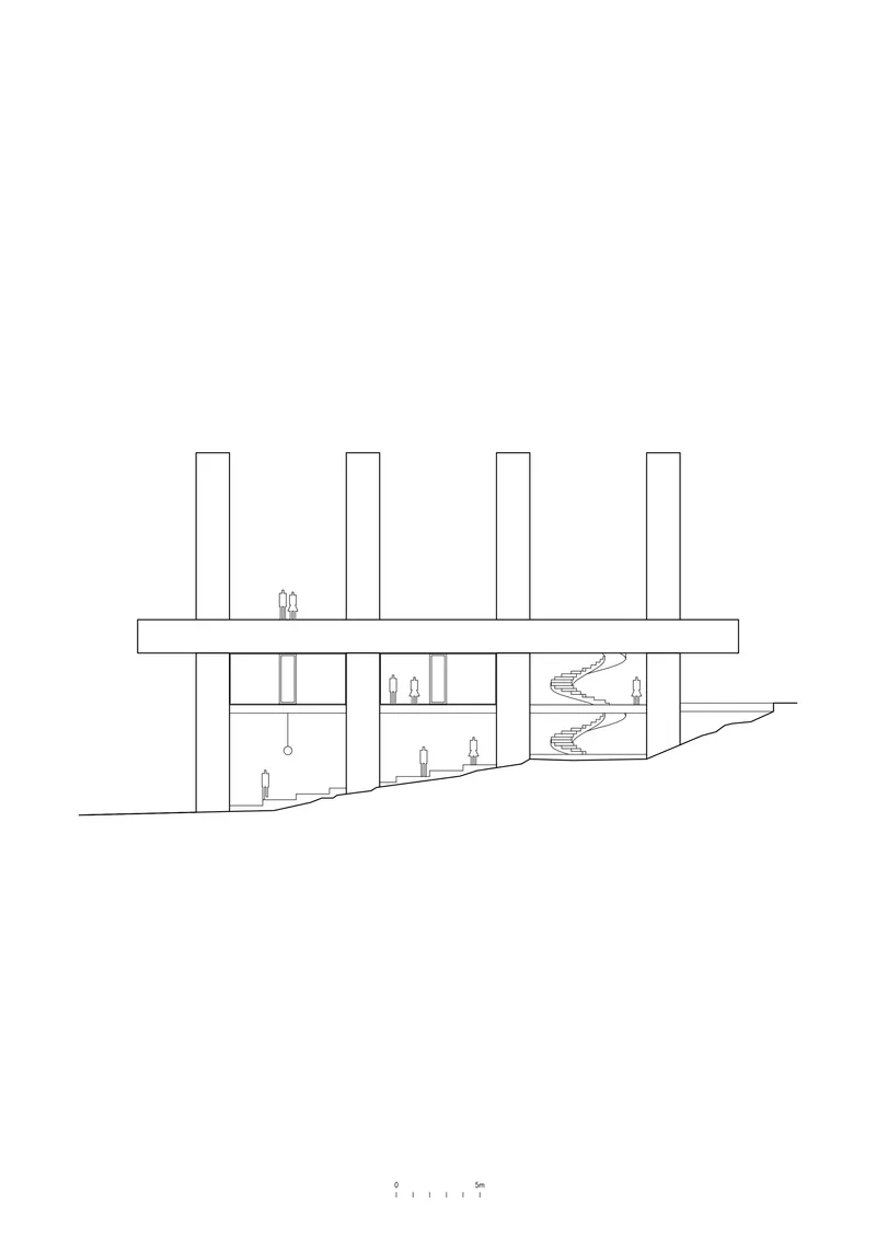 Section drawing showing interior circulation with curved stairs between glass-enclosed volumes and vertical structural elements