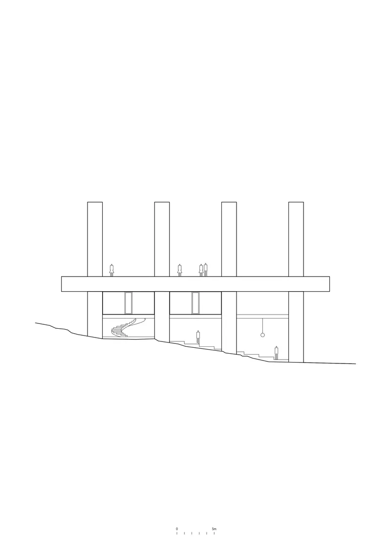 Section drawing revealing a curved staircase within a multi-level structure supported by rectangular columns