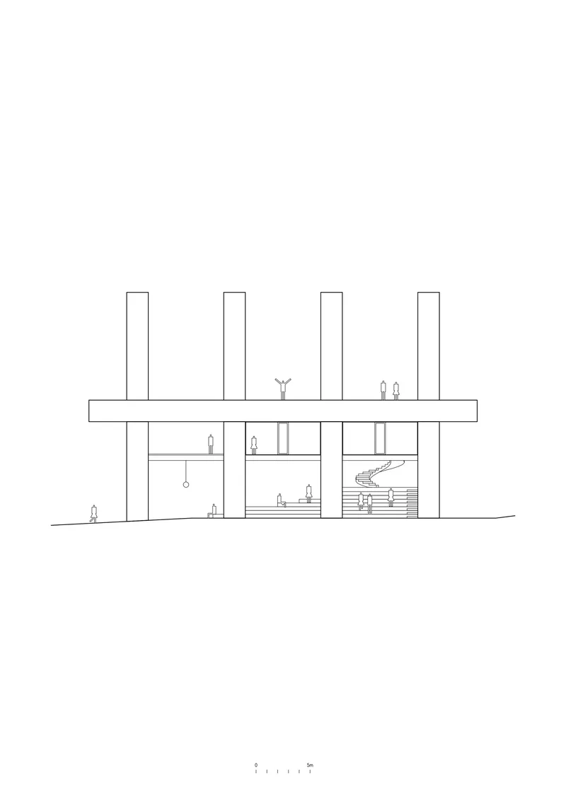 Elevation drawing showing a horizontal volume with vertical columns and a curved stair visible through glazing