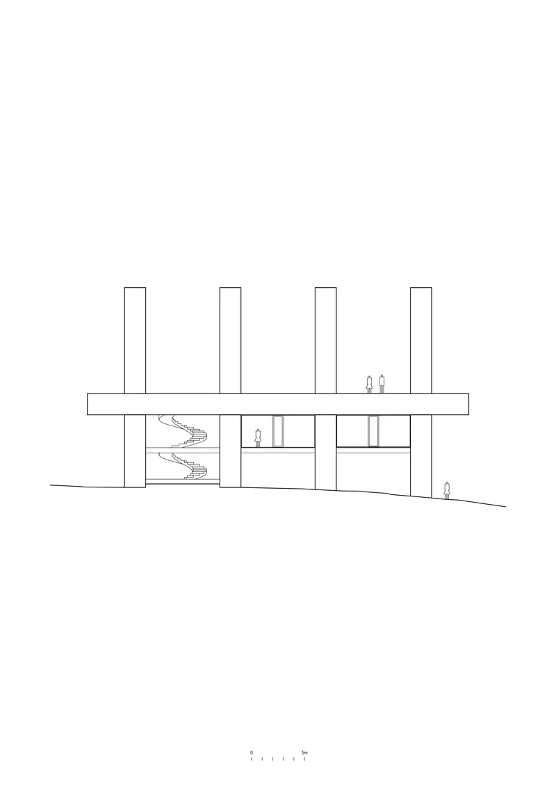 Elevation drawing depicting a flat-roofed structure with vertical columns and a double-height curved staircase within
