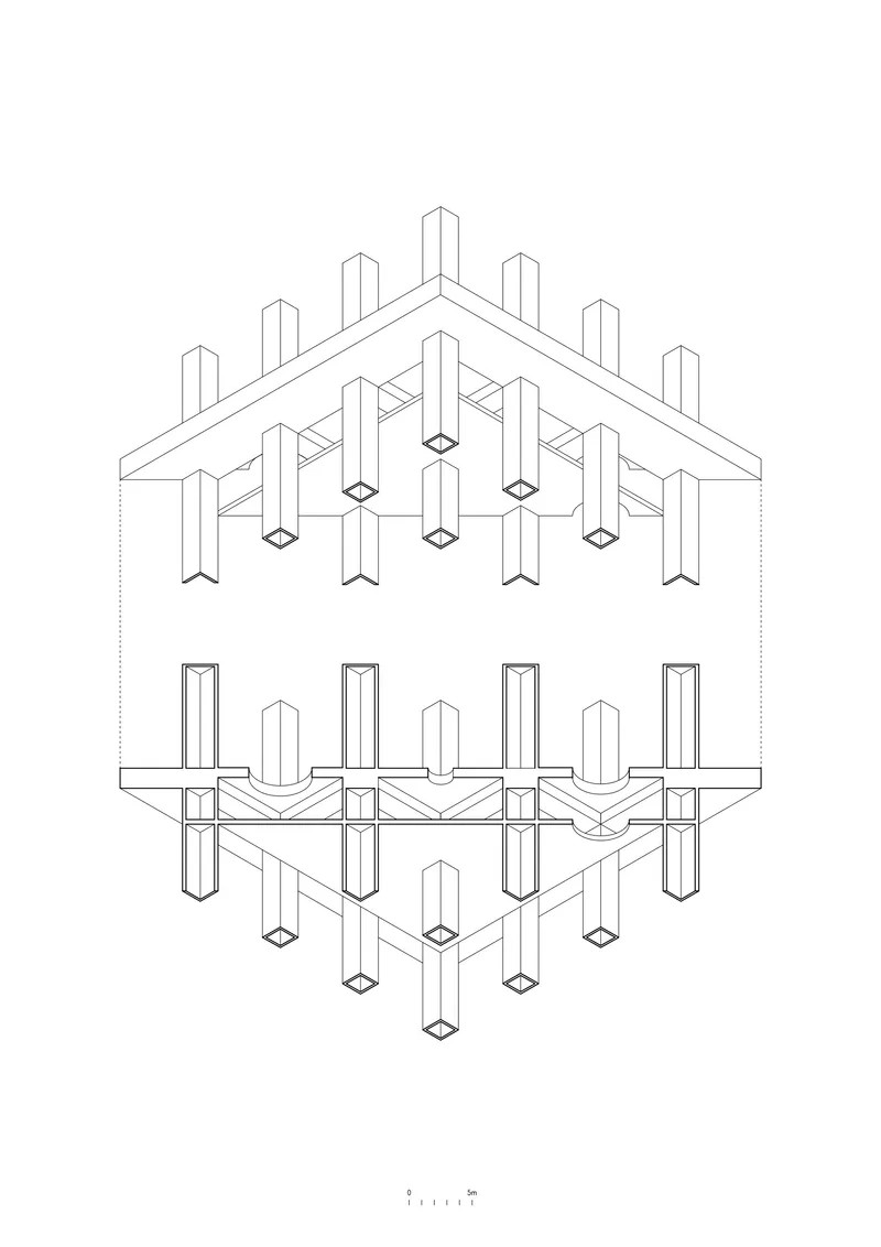 Axonometric drawing showing the structural framework with vertical columns penetrating a horizontal slab and roof plane