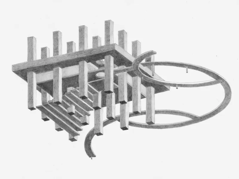 Axonometric drawing of a concrete pavilion with vertical piers and curved ramp elements