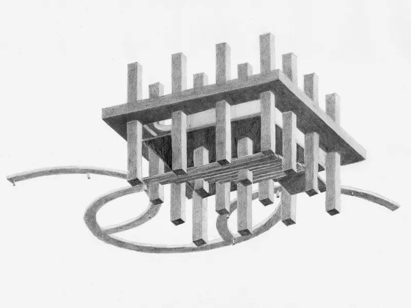 Axonometric view showing the structural grid of columns supporting horizontal slabs and curved circulation paths