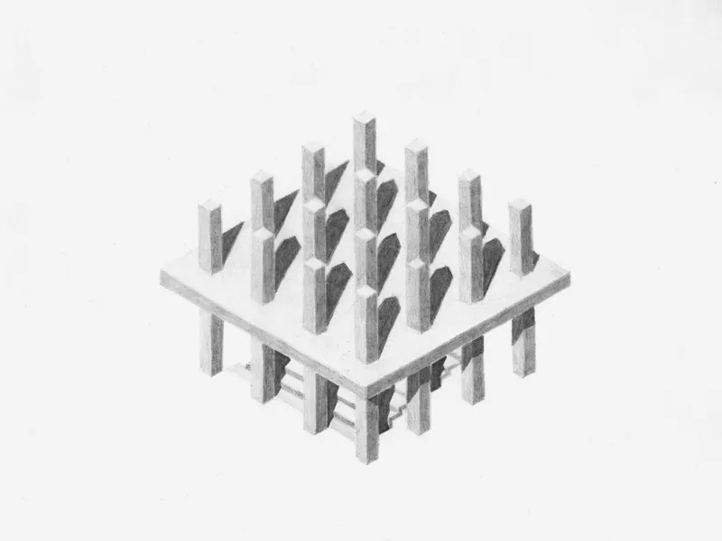 Isometric drawing depicting a grid of vertical elements rising through a horizontal platform