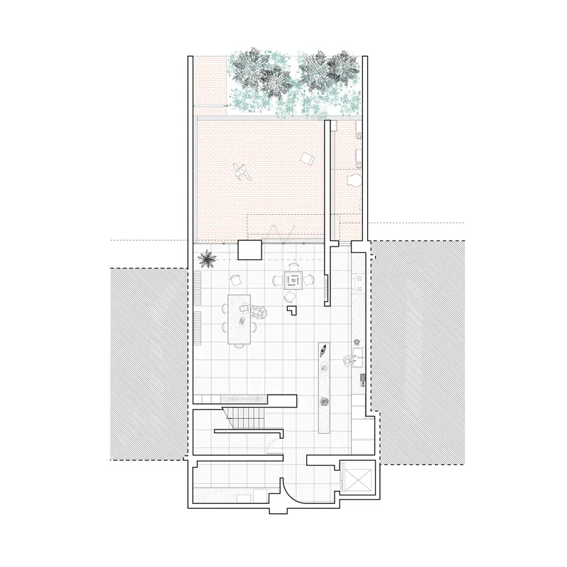 Floor plan drawing showing open living space with staircase, courtyard terrace, and two planted trees above