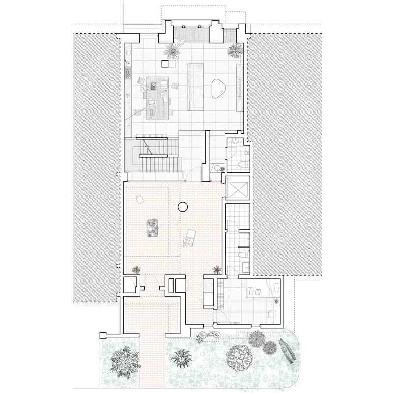 Floor plan drawing showing living area, staircase, side courtyard, and garden with multiple trees below