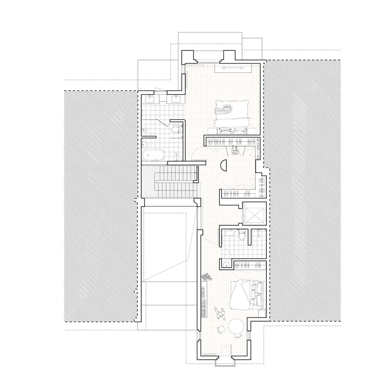 Upper floor plan drawing showing bedrooms, bathrooms, stairwell, and rooftop terrace with sliding door access