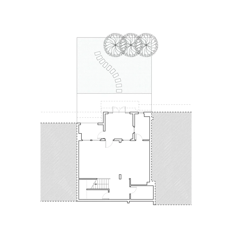 Basement floor plan drawing with staircase, open rooms, stepping path, and three trees at courtyard edge