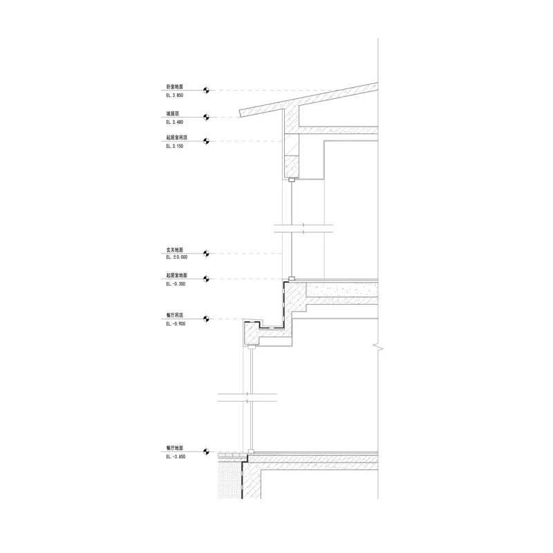 Wall section drawing detailing floor slabs and roof assembly with labeled elevation markers