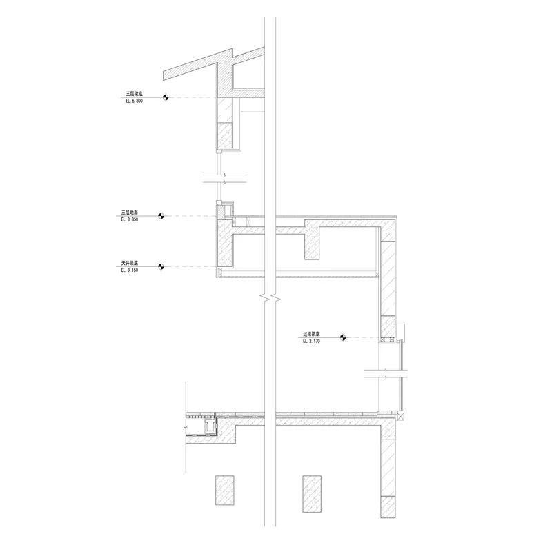 Wall section drawing showing floor levels with labeled elevation markers and window openings