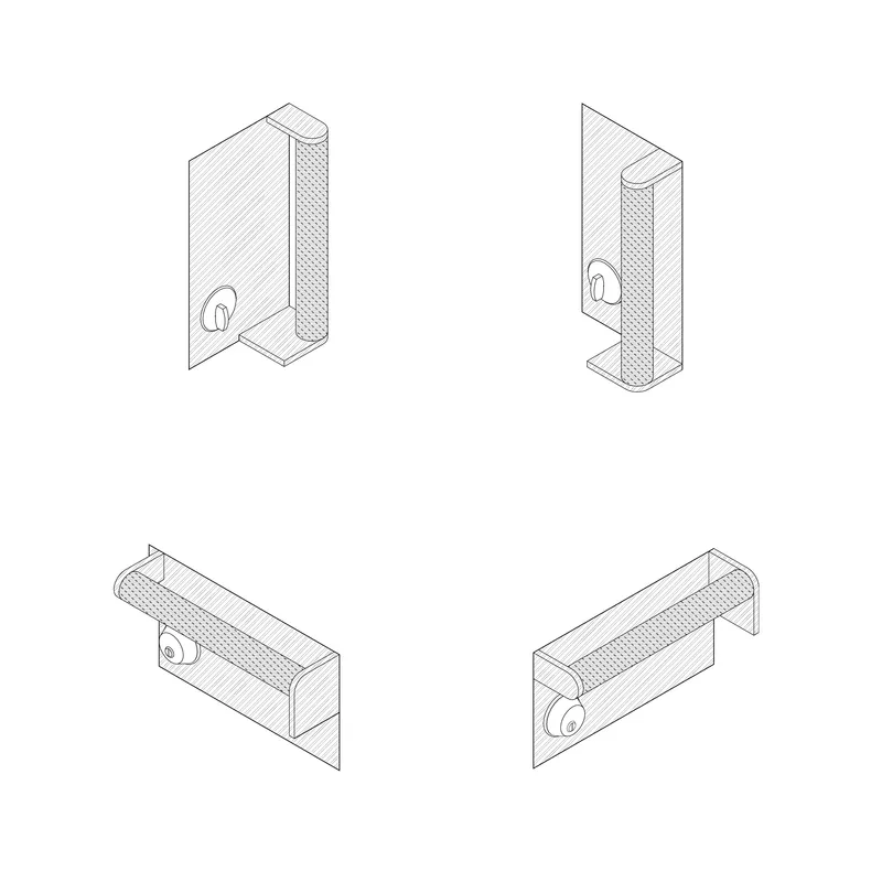 Isometric drawings showing four configurations of cylindrical mesh tubes connecting to flat wall panels