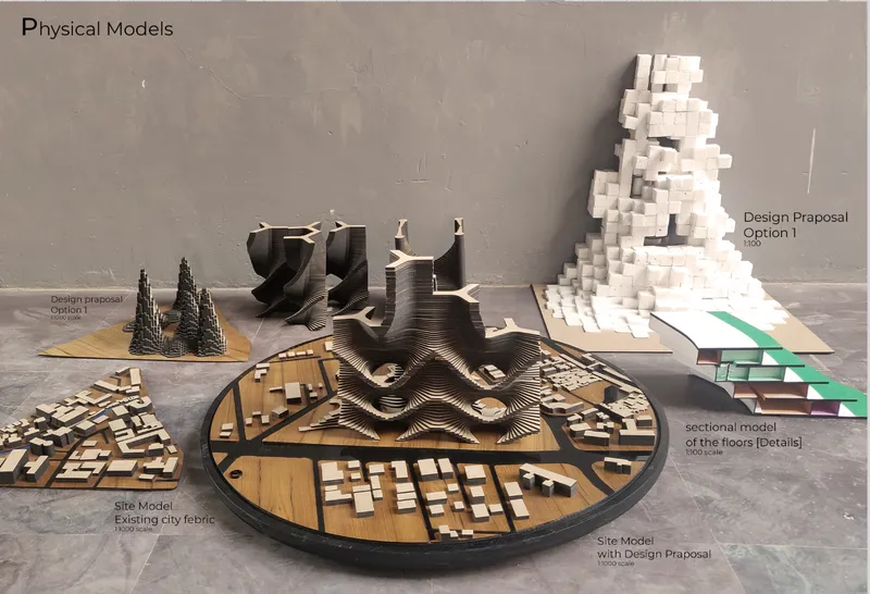 Physical models exploring layered systems and adaptive urban morphologies.