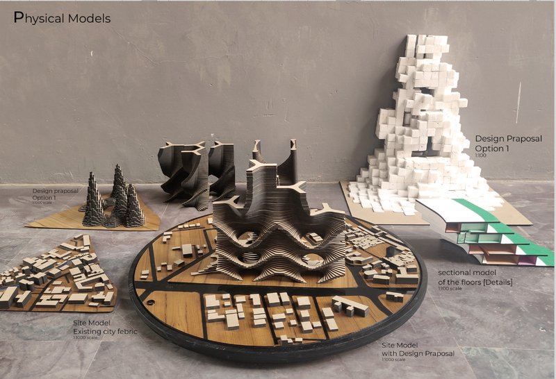 Physical models exploring layered systems and adaptive urban morphologies.