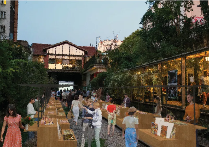 Linear public space transformed into a vibrant marketplace where modular stalls activate social and economic exchange.