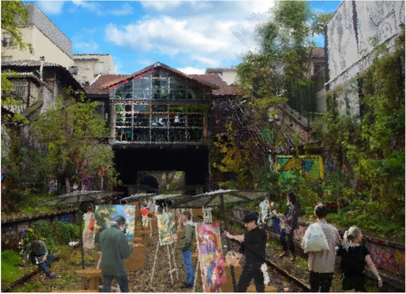 Open-air studio environment enabling artists to create, exhibit, and engage directly with visitors.