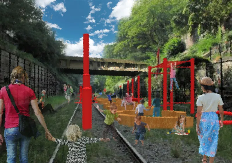 Adaptive play infrastructure integrated within the railway corridor, encouraging creativity and movement.