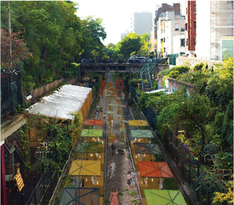 A reimagined urban void structured through color, program, and movement along a continuous linear spine.