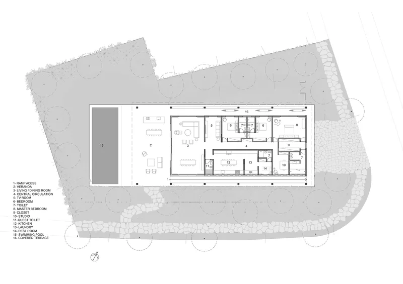 Floor plan drawing showing the rectangular layout with central living spaces and flanking service rooms