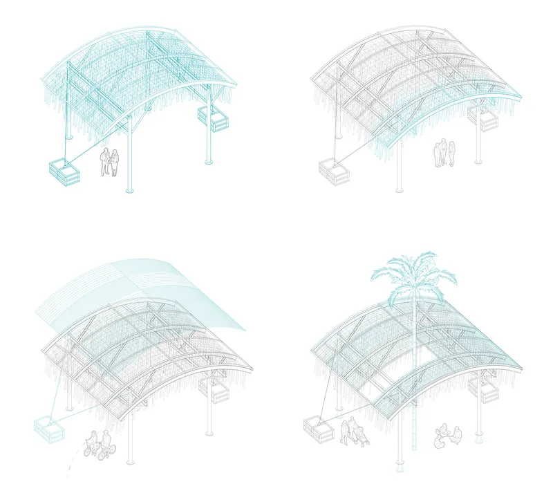 Isometric drawing showing four variations of the curved canopy structure with exposed structural grid and figures below