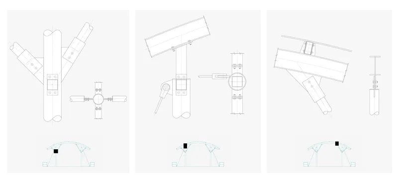 Technical drawings showing column assembly and joint details in plan and elevation views