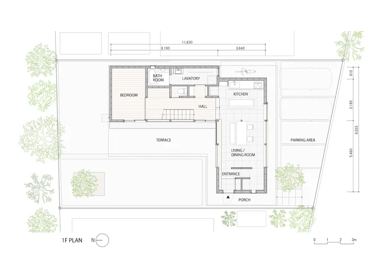 First floor plan drawing showing the layout with terrace, living areas, bedroom, and parking zone