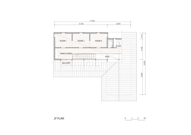 Second floor plan drawing showing three rooms, study, balcony, and central void with staircase