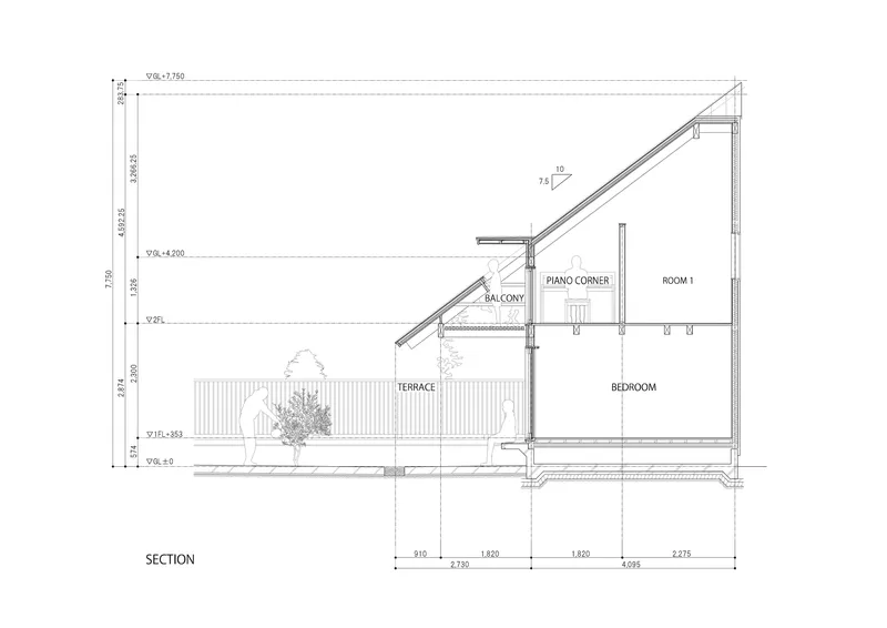Section drawing showing sloped roof over terrace, balcony, piano corner, bedroom and room with dimension annotations