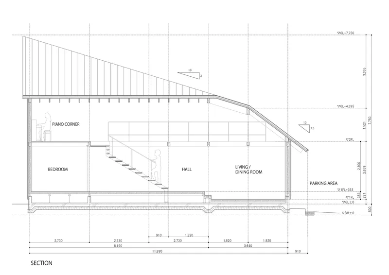 Section drawing revealing bedroom, hall with staircase, living dining room and parking area under angular roof plane
