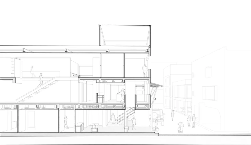 Section drawing showing multiple levels with interior stairs, roof volume and pedestrians at ground level