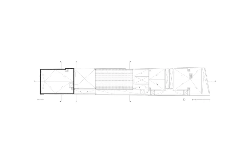 Floor plan drawing showing a narrow linear layout with rooms arranged in sequence