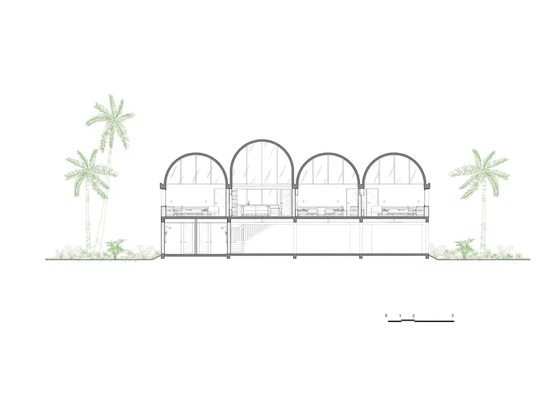 Section drawing revealing interior spaces beneath four arched vaults with palms on either side