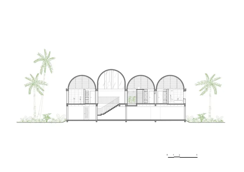 Section drawing through the arched roof volumes showing stairs, interior rooms, and planted landscape