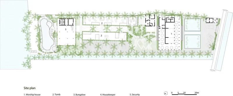 Site plan drawing showing the linear arrangement of structures amid palms and landscape features