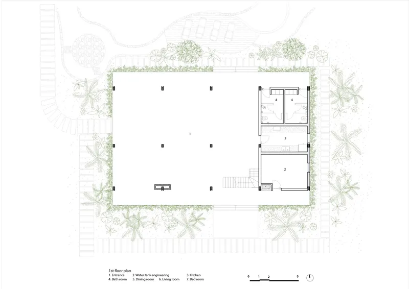 First floor plan drawing depicting a large open hall flanked by service rooms and vegetation