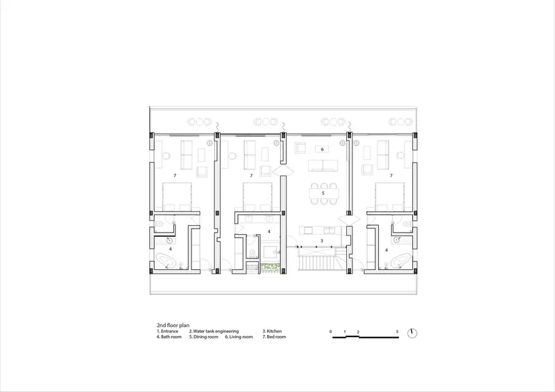 Second floor plan showing bedrooms, bathrooms, living spaces, and a central kitchen with dining area