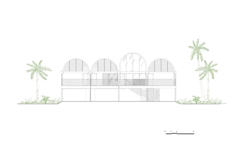 Elevation drawing of the arched roof structure with exterior stairs and palm trees flanking the sides