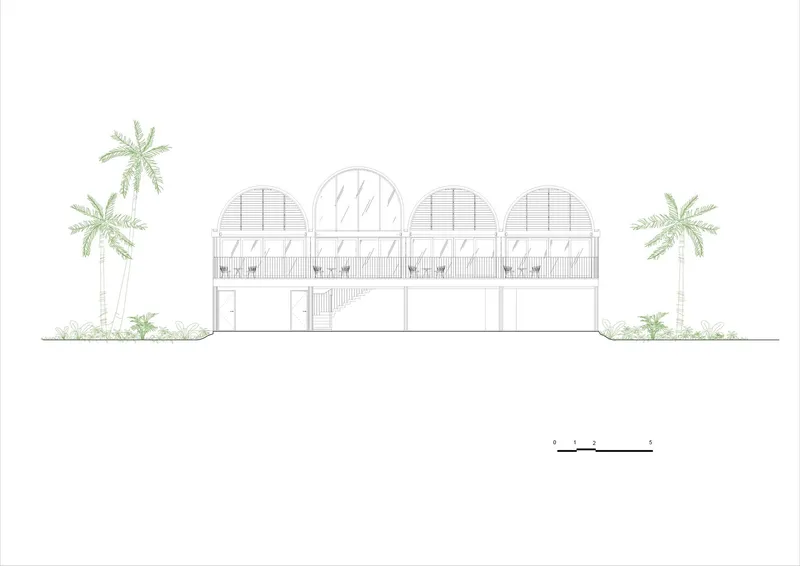 Elevation drawing showing four arched vaults above two levels with palm trees in the landscape