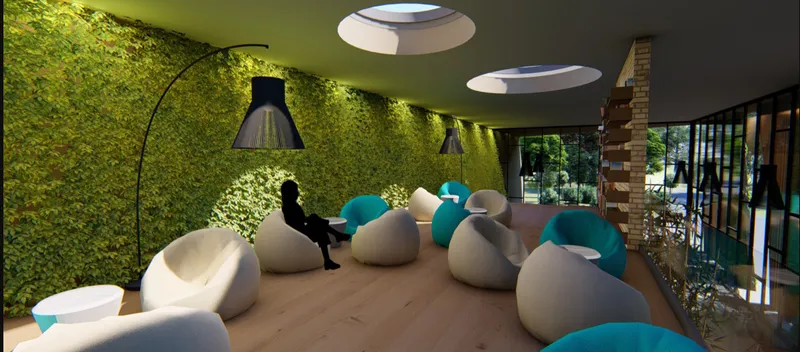 Biophilic lounge with green wall integration, soft seating, and diffused skylight illumination.