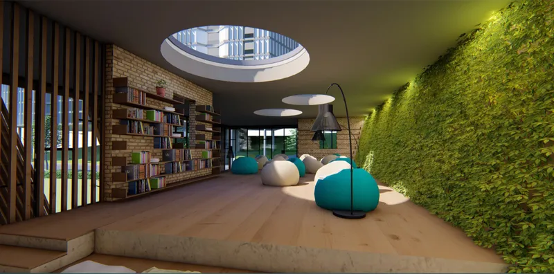 Reading zone beneath circular skylights, combining natural light with warm materiality and integrated shelving.