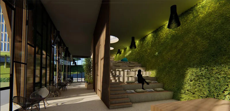 Sectional seating staircase activating vertical space as a social and performative interior element.