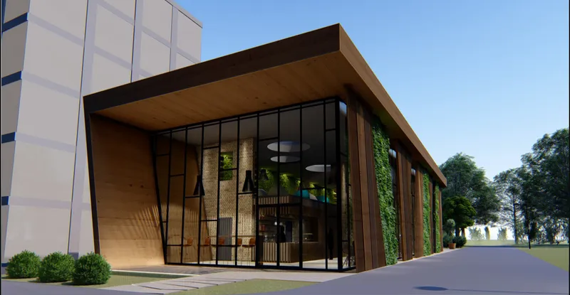 Exterior view highlighting the lamella façade, timber cladding, and transparent corner glazing.