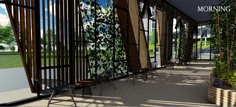 Morning light casting soft shadows through the façade, enhancing spatial calm and openness.