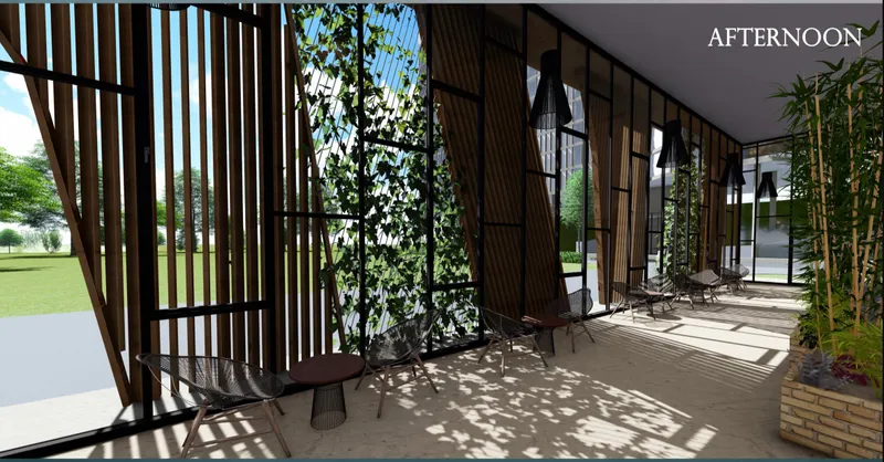 Afternoon condition intensifying light patterns, creating dynamic shadow interplay across surfaces.
